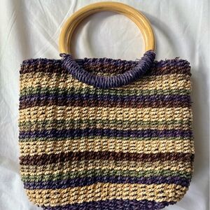 Striped Woven Handbag with Wooden Handles